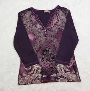Blue Canyon Purple Black Cream Paisley Pattern Rhinestone Detail 3/4 Sleeve XL